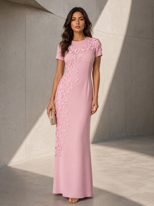 Satin Mermaid Scoop Neck Simple 3D Flowers Formal Dresses for Women