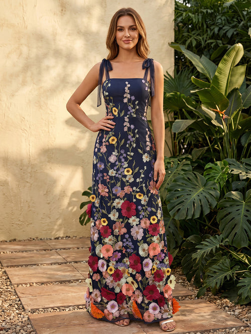 Tulle Mermaid Square Neck Floral Embroidery Spaghetti Straps Formal Dresses for Women