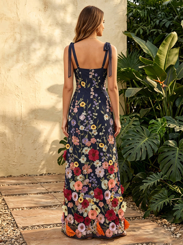 Tulle Mermaid Square Neck Floral Embroidery Spaghetti Straps Formal Dresses for Women