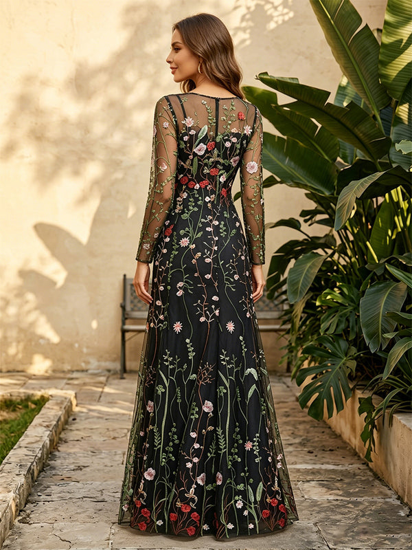 Tulle Mermaid Scoop Neck Ruched Floral Embroidery Formal Dresses for Women