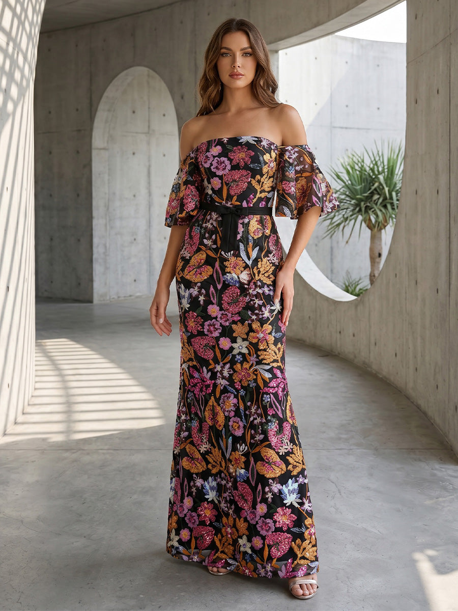 Tulle Mermaid Off the Shoulder Corset Floral Embroidery Formal Dresses for Women