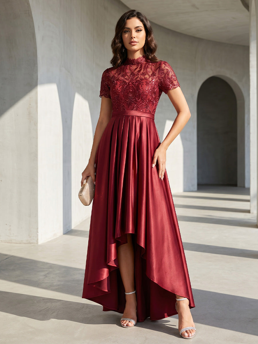 Satin A Line High Neck Lace Appliques Corset Formal Dresses for Women