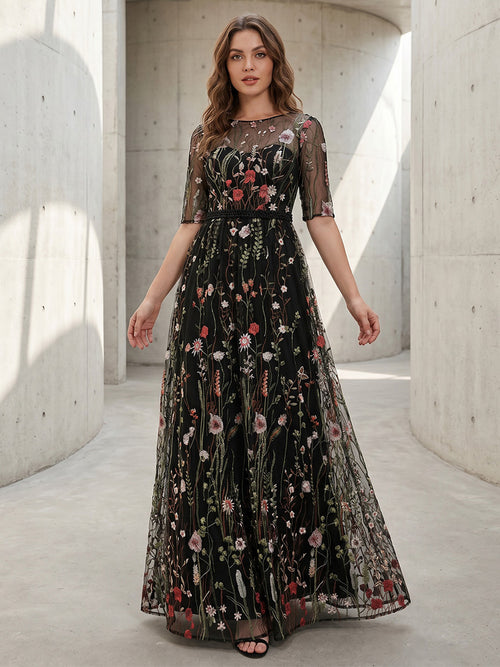 Tulle A Line Scoop Neck Corset Floral Embroidery Formal Dresses