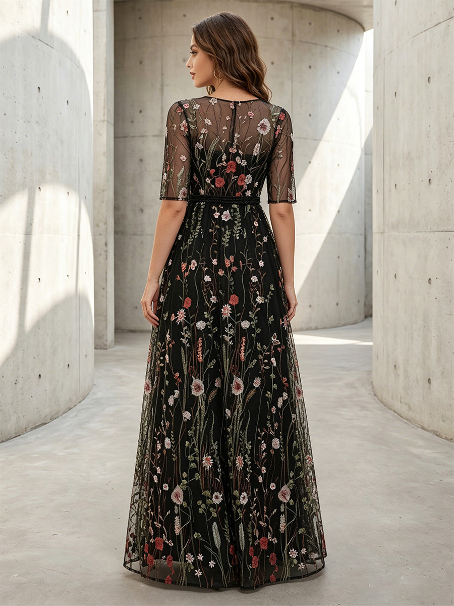 Tulle A Line Scoop Neck Corset Floral Embroidery Formal Dresses