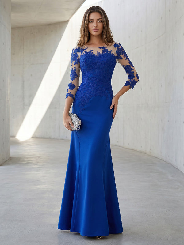 Satin Mermaid Scoop Neck Lace Appliques High Waist Formal Dresses
