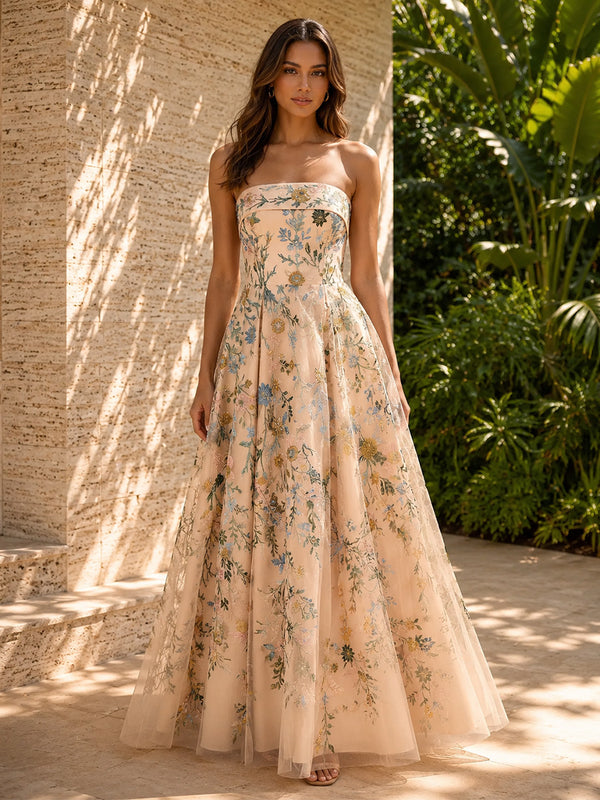 Tulle A Line Strapless Floral Embroidery Ruched Formal Dresses