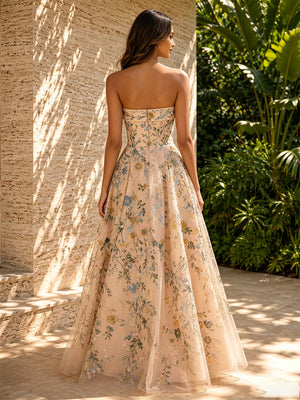 Tulle A Line Strapless Floral Embroidery Ruched Formal Dresses