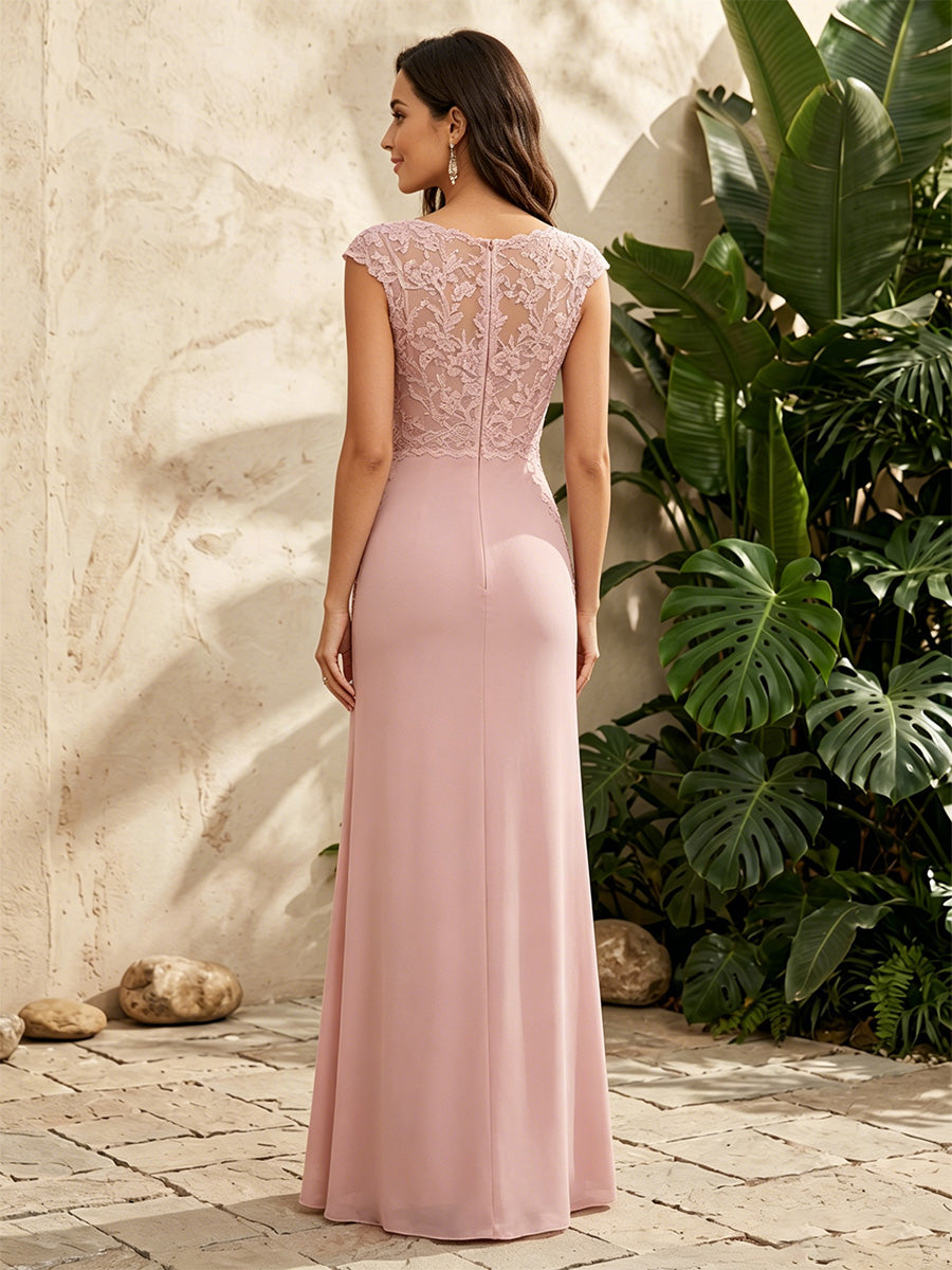 Chiffon A Line V Neck Lace Appliques Corset Formal Dresses for Women