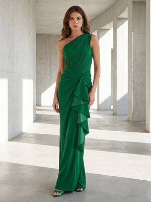 Satin Mermaid One Shoulder Ruffles Ruched Formal Dresses
