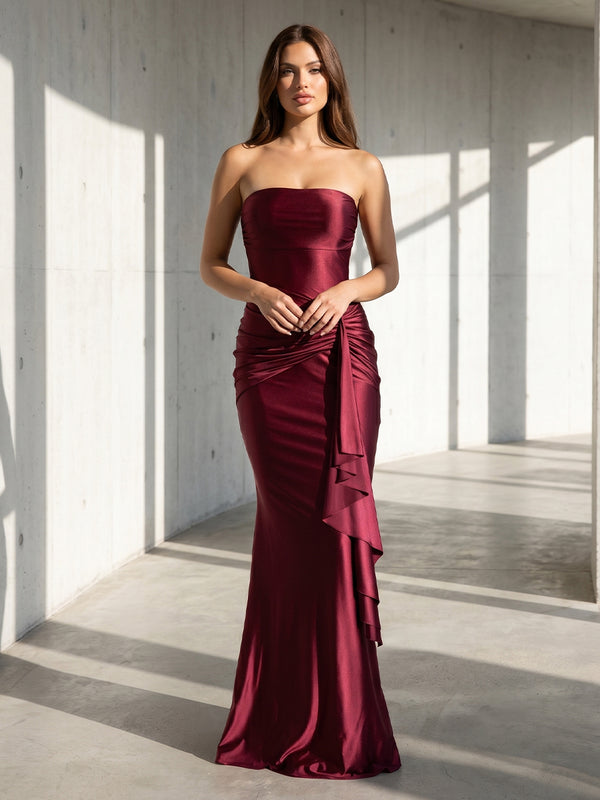 Satin Mermaid Strapless Ruffles Corset Formal Dresses