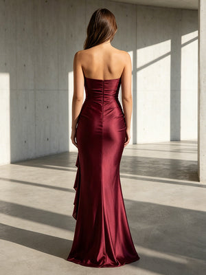 Satin Mermaid Strapless Ruffles Corset Formal Dresses
