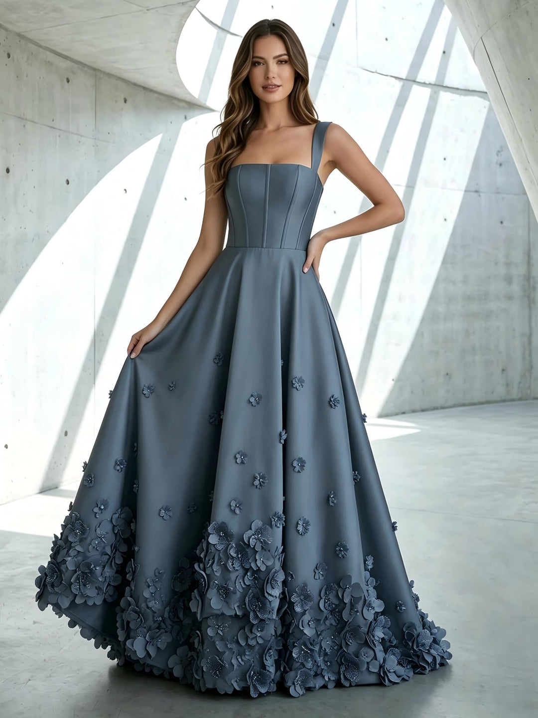 Satin A Line Square Neck 3D Flowers Ruched Formal Dresses