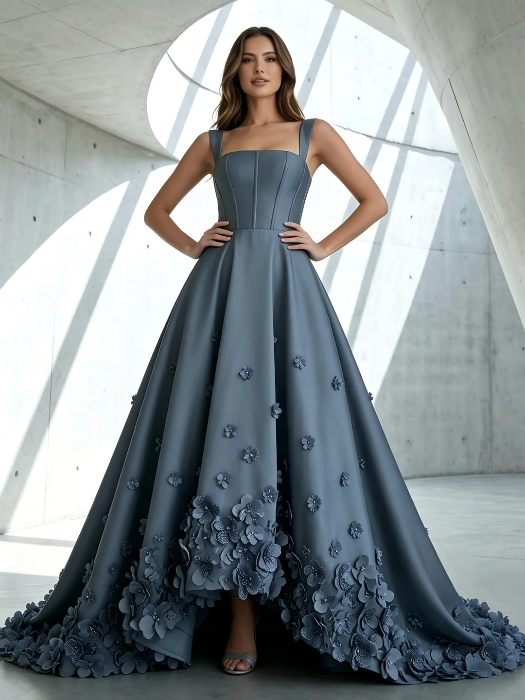 Satin A Line Square Neck 3D Flowers Ruched Formal Dresses