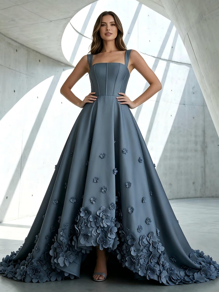 Satin A Line Square Neck 3D Flowers Ruched Formal Dresses