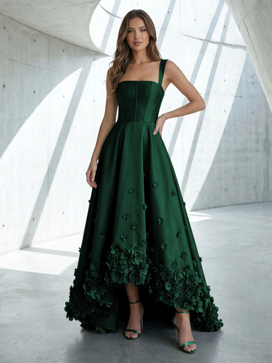Satin A Line Square Neck 3D Flowers Ruched Formal Dresses
