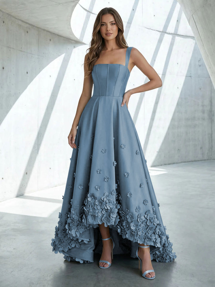Satin A Line Square Neck 3D Flowers Ruched Formal Dresses