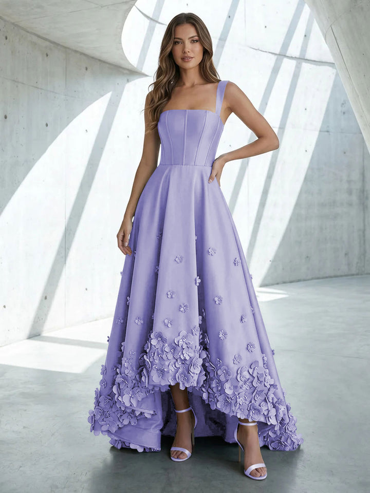 Satin A Line Square Neck 3D Flowers Ruched Formal Dresses