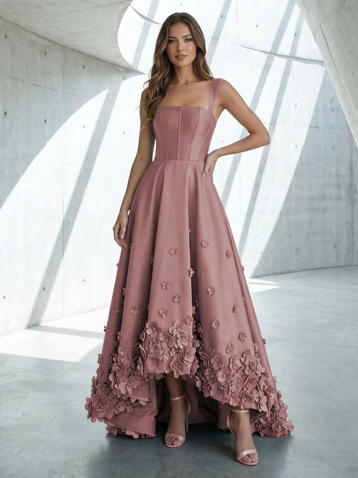 Satin A Line Square Neck 3D Flowers Ruched Formal Dresses