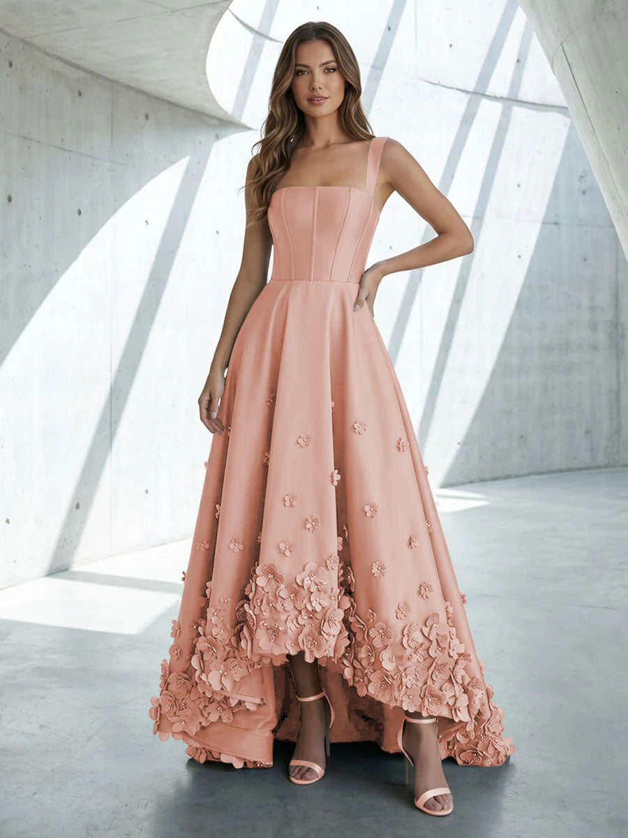 Satin A Line Square Neck 3D Flowers Ruched Formal Dresses