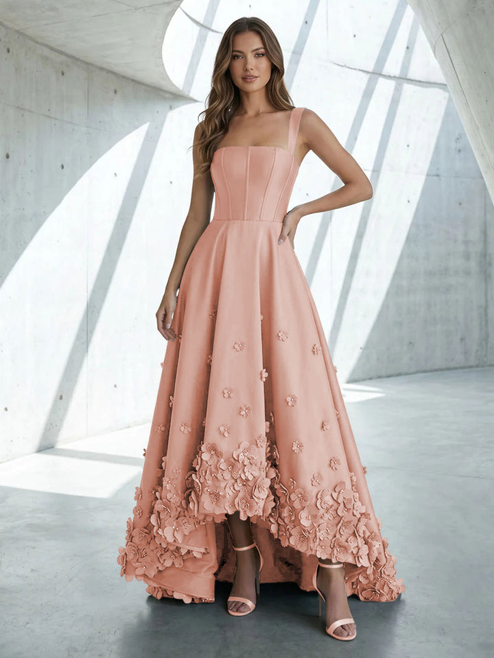Satin A Line Square Neck 3D Flowers Ruched Formal Dresses