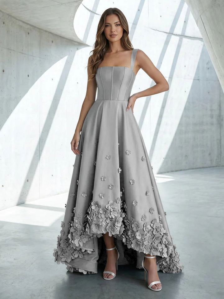 Satin A Line Square Neck 3D Flowers Ruched Formal Dresses