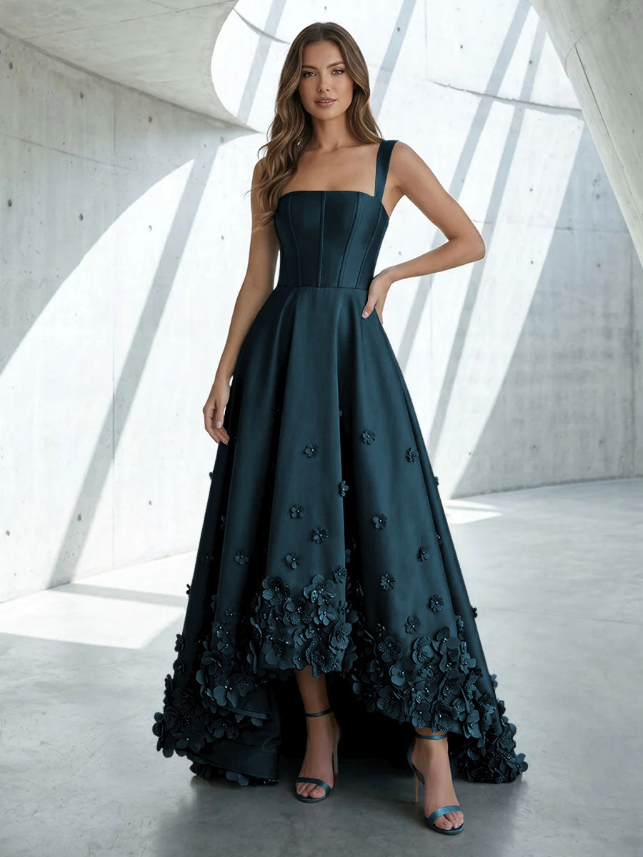 Satin A Line Square Neck 3D Flowers Ruched Formal Dresses
