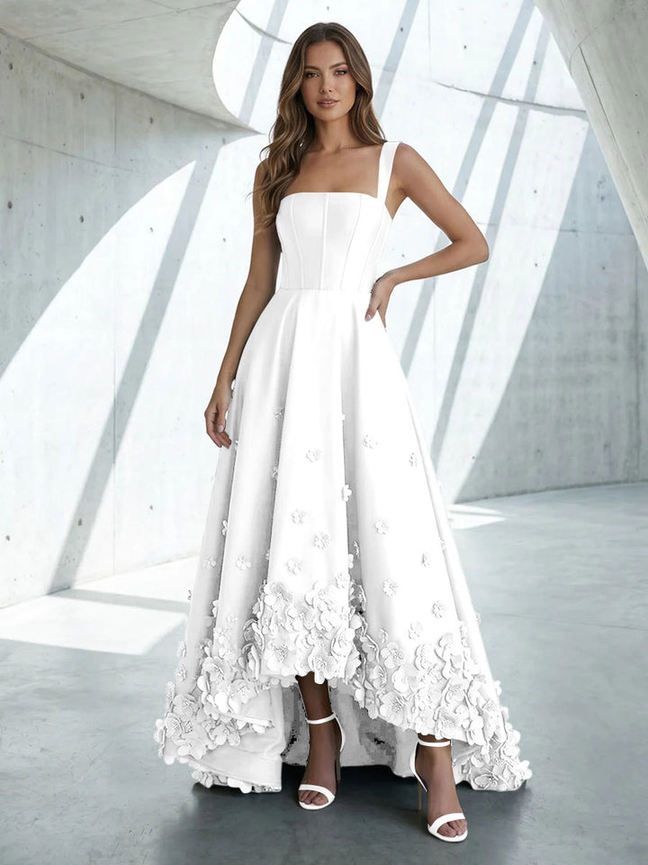 Satin A Line Square Neck 3D Flowers Ruched Formal Dresses