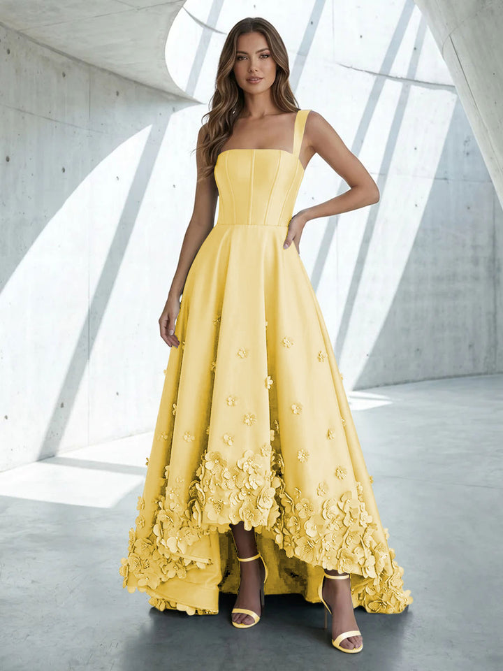 Satin A Line Square Neck 3D Flowers Ruched Formal Dresses