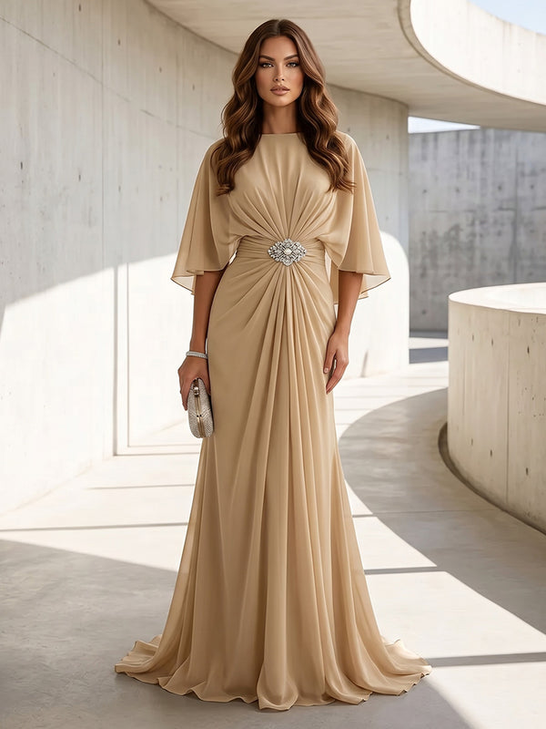 Chiffon A Line Scoop Neck Ruched High Waist Formal Dresses