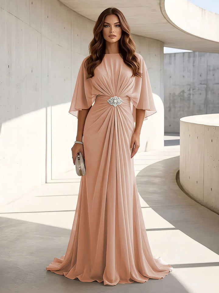 Chiffon A Line Scoop Neck Ruched High Waist Formal Dresses
