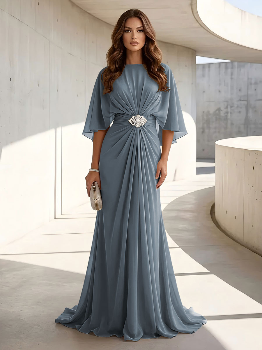 Chiffon A Line Scoop Neck Ruched High Waist Formal Dresses