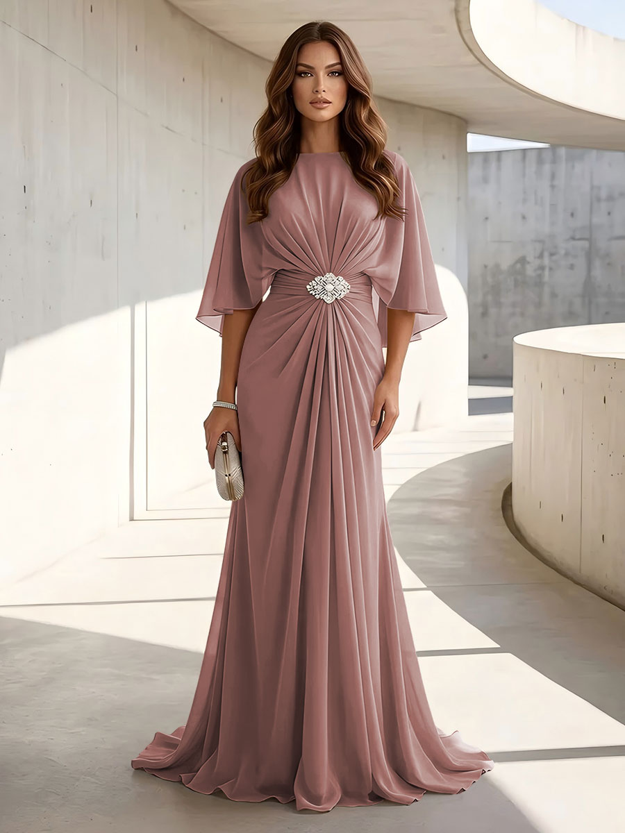 Chiffon A Line Scoop Neck Ruched High Waist Formal Dresses