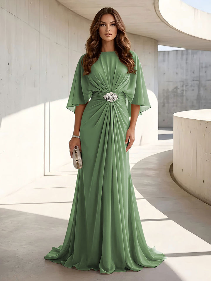 Chiffon A Line Scoop Neck Ruched High Waist Formal Dresses