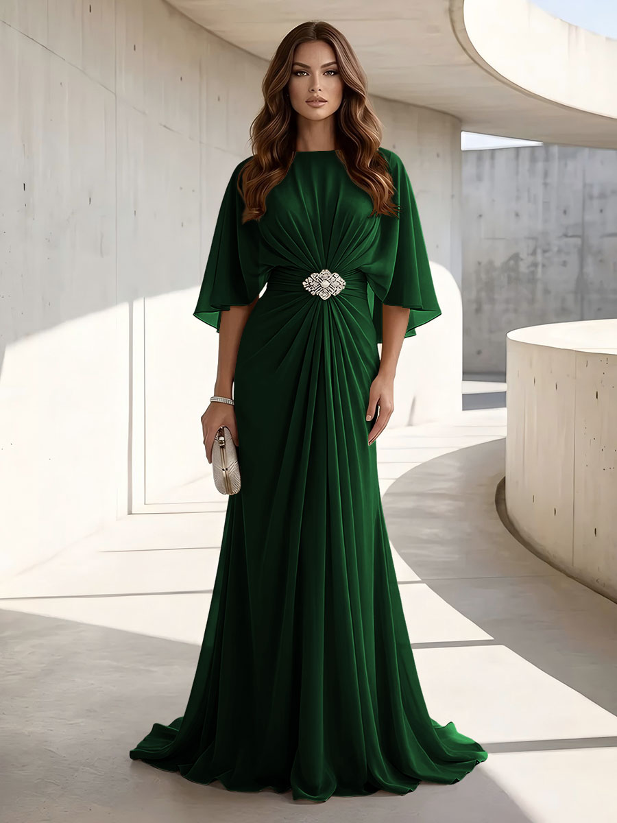 Chiffon A Line Scoop Neck Ruched High Waist Formal Dresses