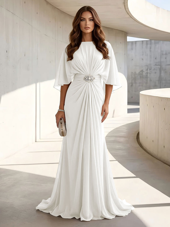 Chiffon A Line Scoop Neck Ruched High Waist Formal Dresses