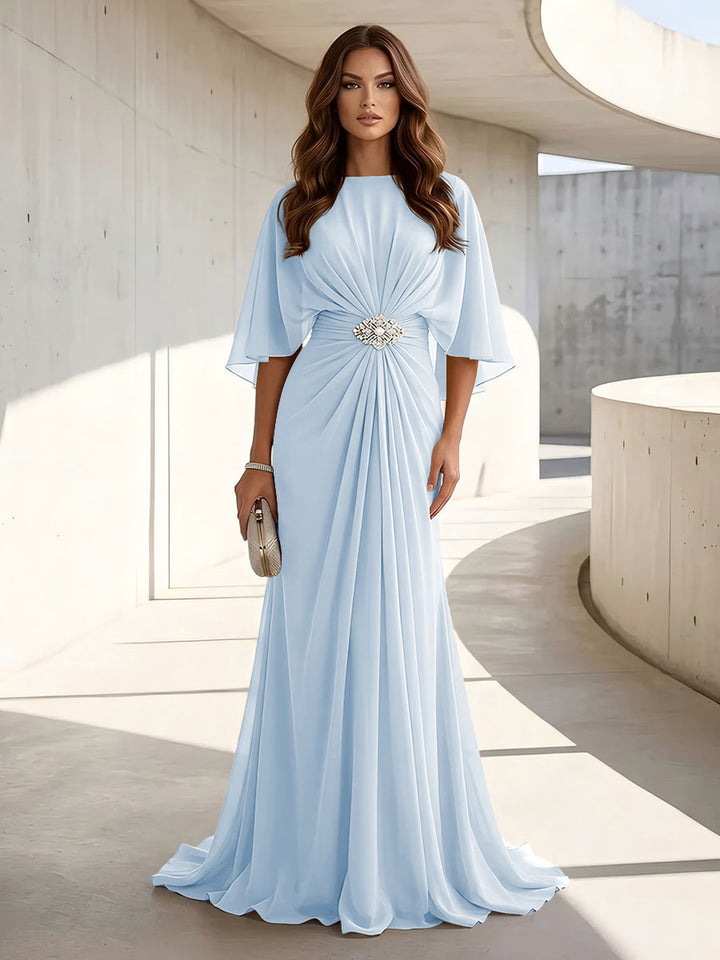 Chiffon A Line Scoop Neck Ruched High Waist Formal Dresses