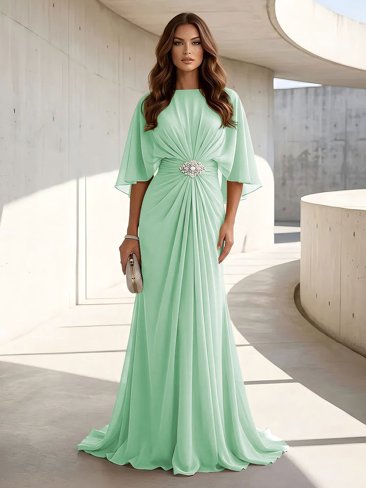 Chiffon A Line Scoop Neck Ruched High Waist Formal Dresses