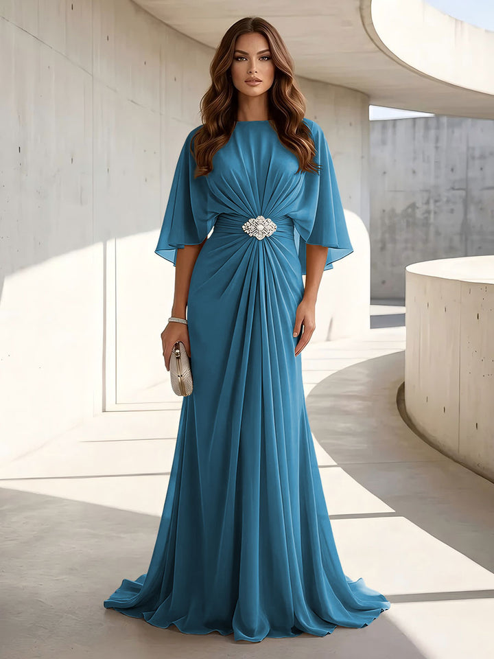 Chiffon A Line Scoop Neck Ruched High Waist Formal Dresses