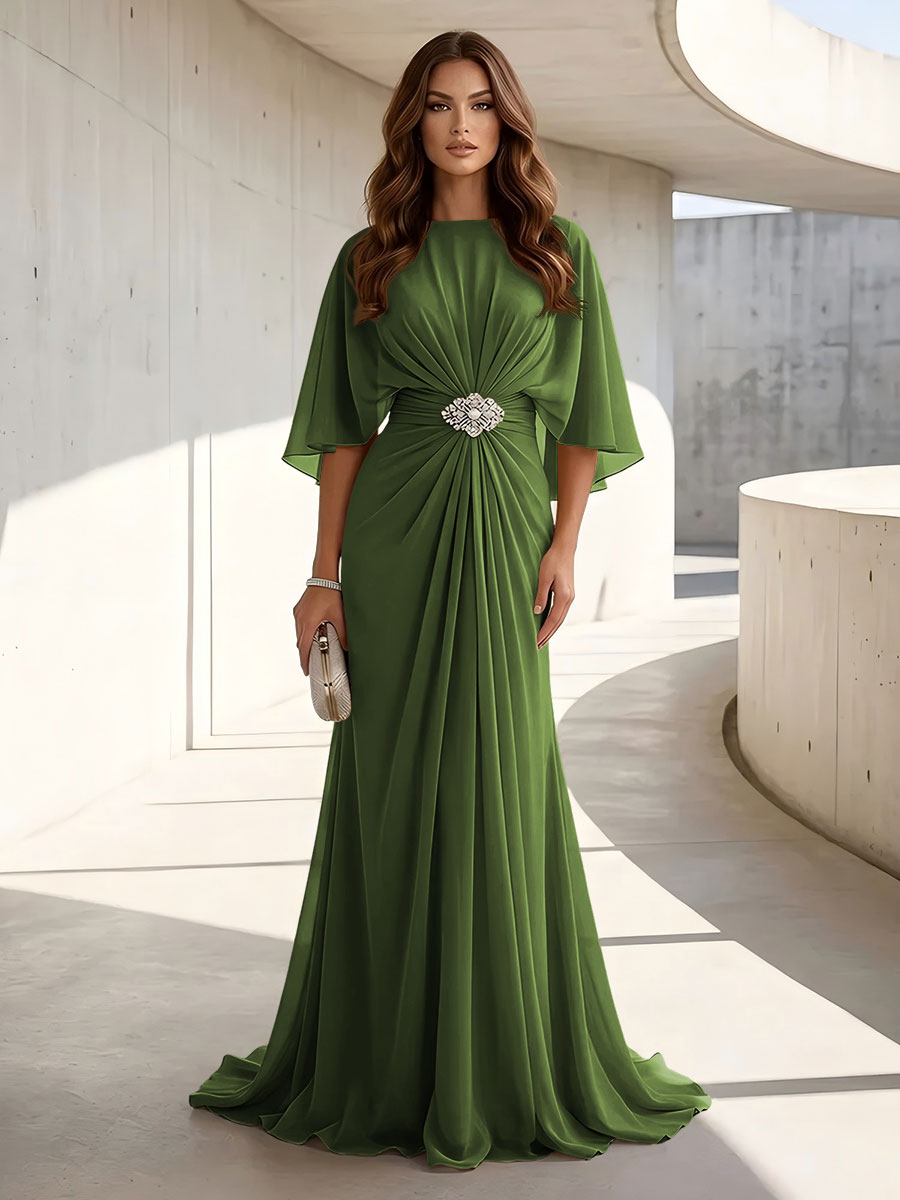Chiffon A Line Scoop Neck Ruched High Waist Formal Dresses