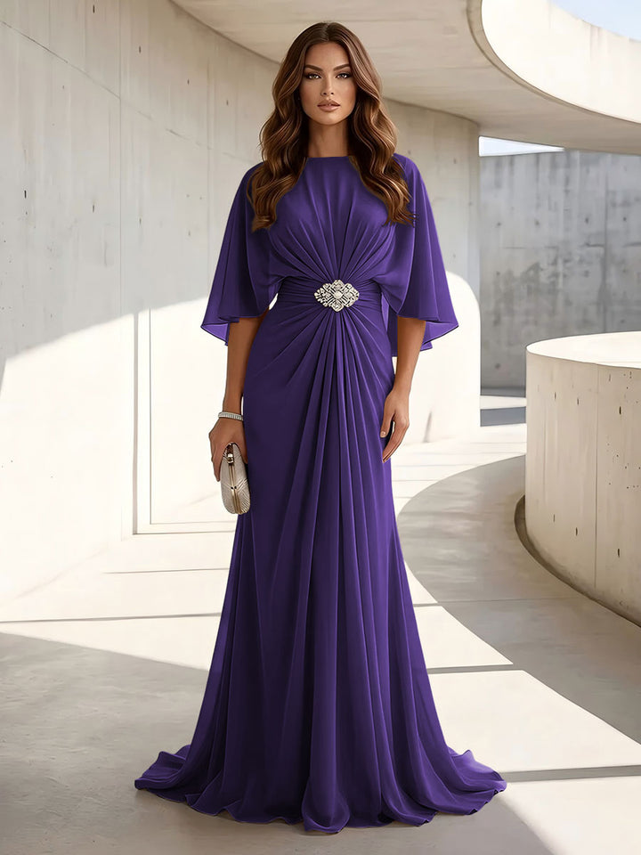 Chiffon A Line Scoop Neck Ruched High Waist Formal Dresses