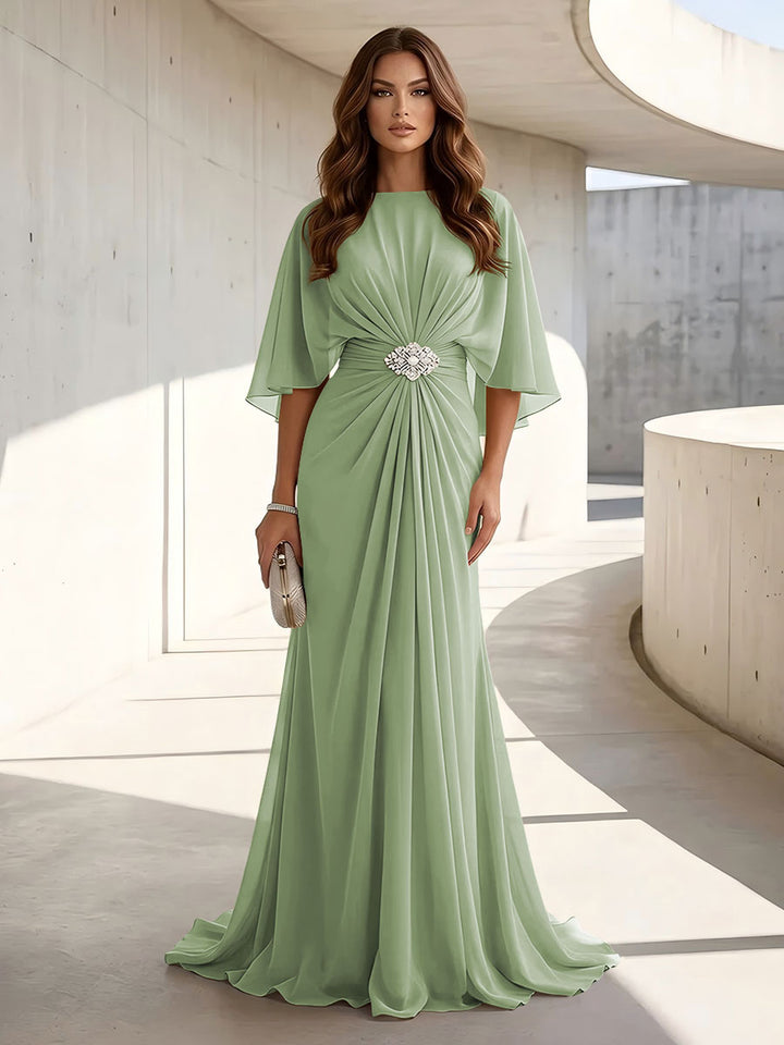 Chiffon A Line Scoop Neck Ruched High Waist Formal Dresses