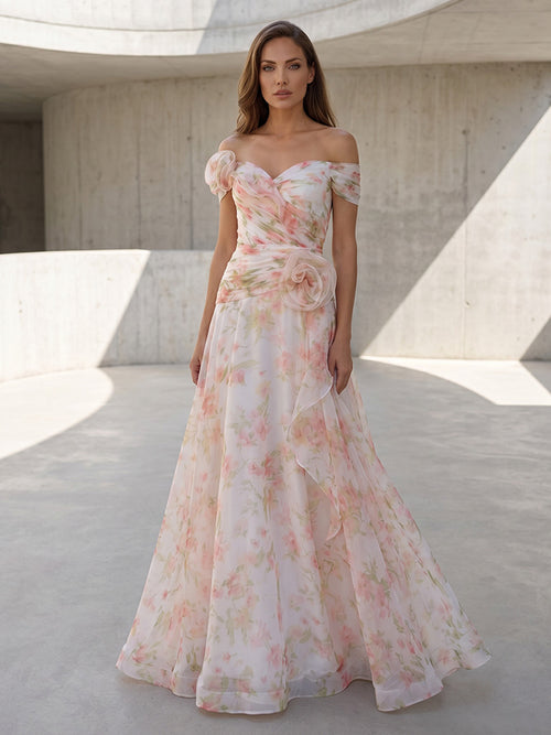 Tulle A Line Off the Shoulder Ruffles 3D Flowers Formal Dresses
