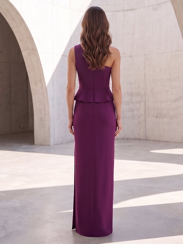 Satin Mermaid One Shoulder Ruffles Corset Formal Dresses with Slit