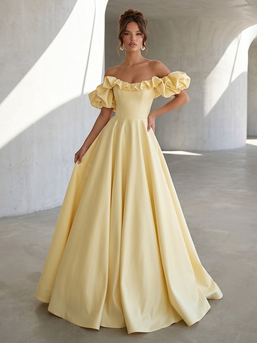 Satin A Line Off the Shoulder Ruffles Ruched Formal Dresses