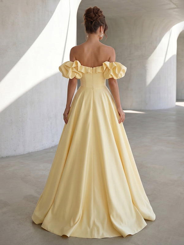 Satin A Line Off the Shoulder Ruffles Ruched Formal Dresses