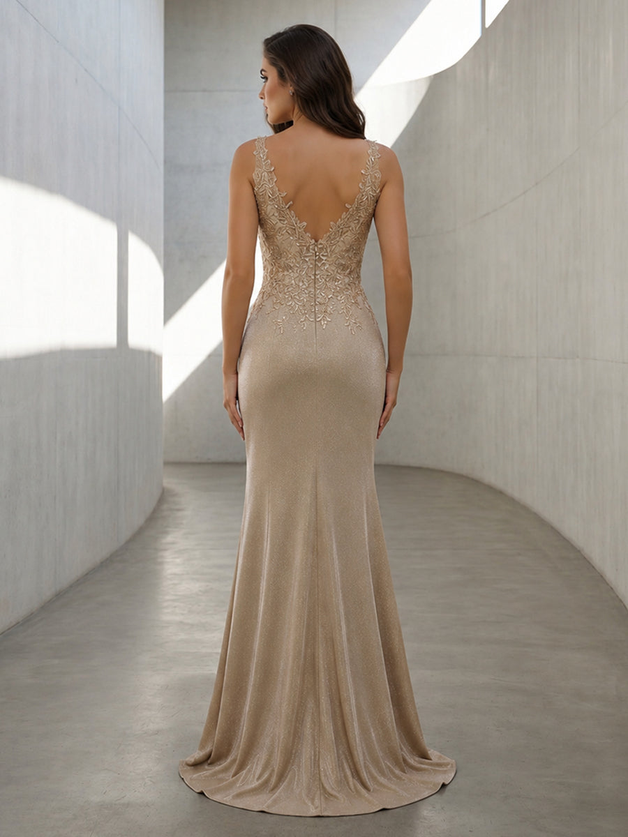 Metallic Satin Mermaid V Neck Lace Appliques Corset Formal Dresses with Slit
