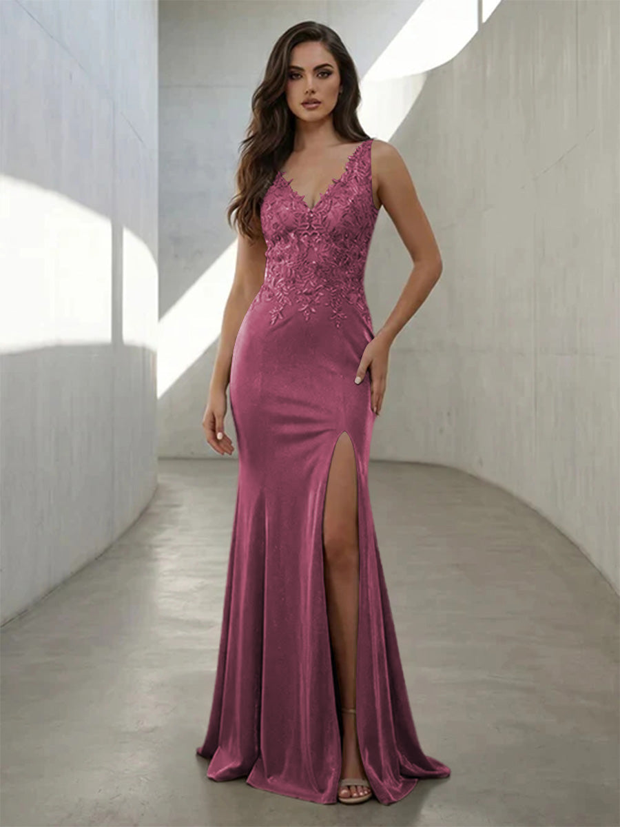 Metallic Satin Mermaid V Neck Lace Appliques Corset Formal Dresses with Slit