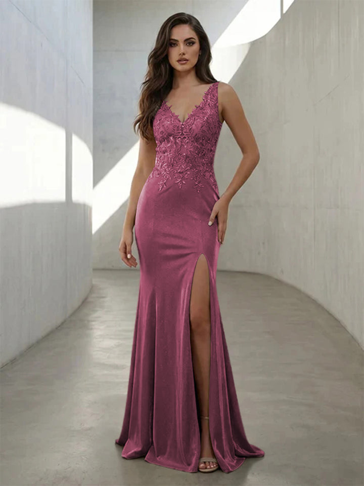 Metallic Satin Mermaid V Neck Lace Appliques Corset Formal Dresses with Slit