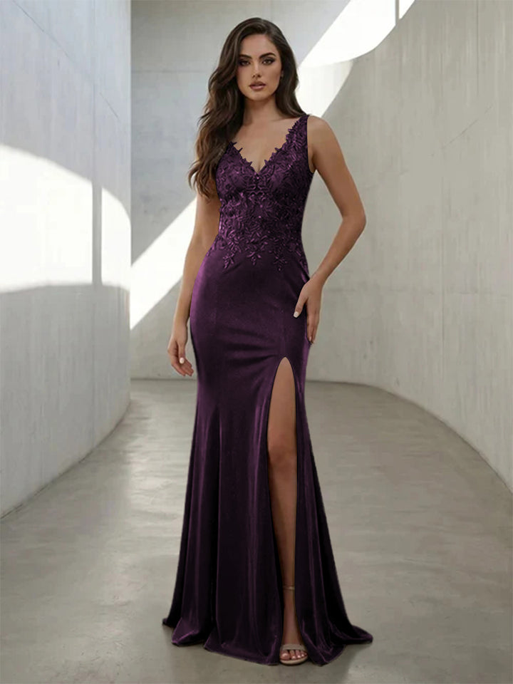 Metallic Satin Mermaid V Neck Lace Appliques Corset Formal Dresses with Slit