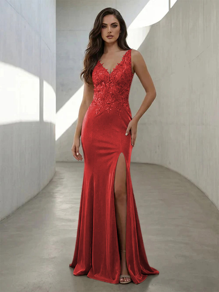 Metallic Satin Mermaid V Neck Lace Appliques Corset Formal Dresses with Slit
